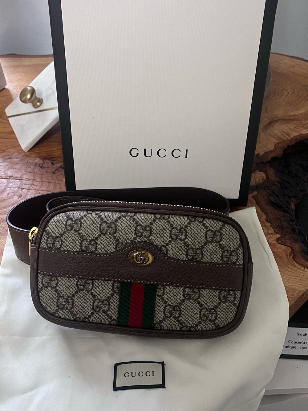 Gucci Brown GG Supreme Canvas belt bag with Web Stripe